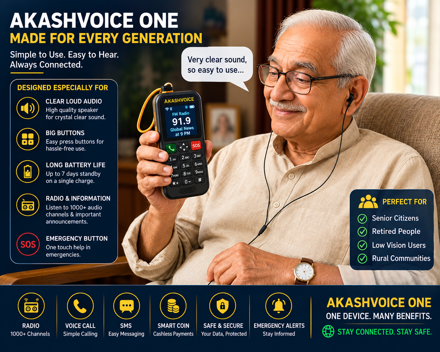 Senior citizen using AkashVoice One — made for every generation